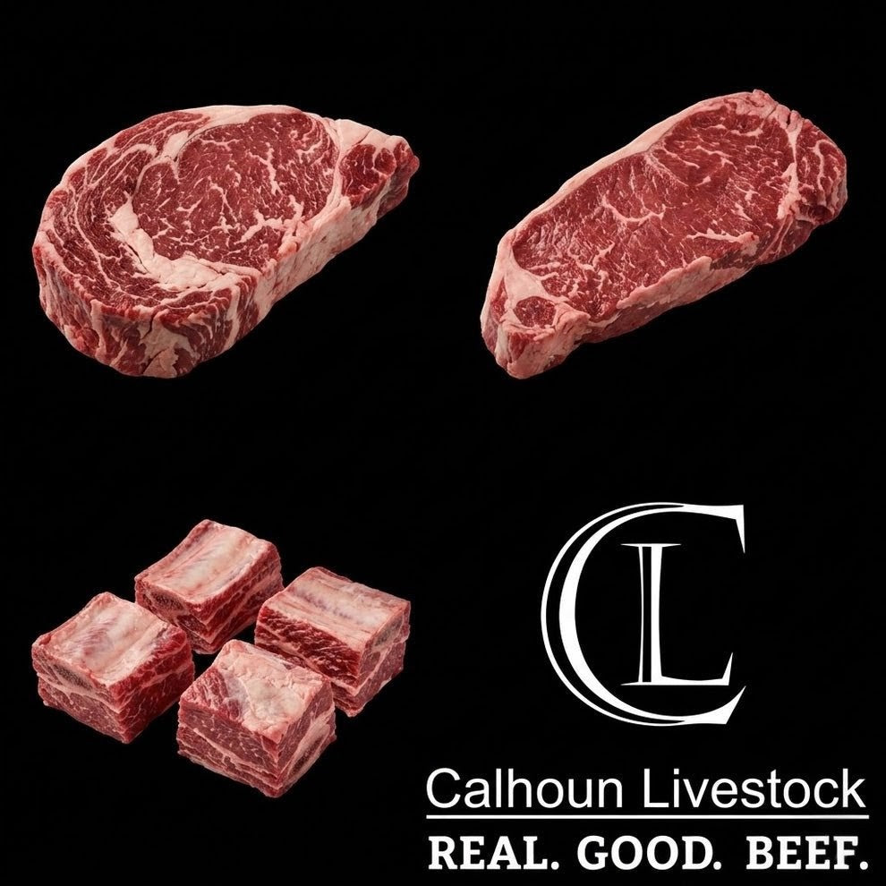 Three types of raw beef with 'Calhoun Livestock' logo and branding on a black background.